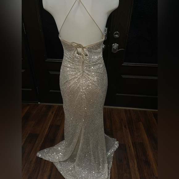 Gold Spaghetti Straps Long Prom Dress. Lace up Sequin Party Evening Wedding sz 8 - Picture 8 of 13